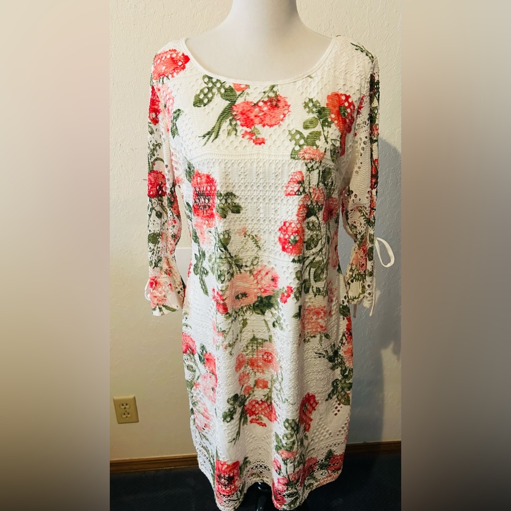 R&K Womens Floral Lace Eyelet Stretch Dress Tie Sleeves White Pink Cottage 12